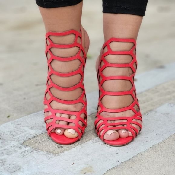 Women's Slingback Stiletto Sandal Peep Toe Hollow Red Color - Picture 5 of 5